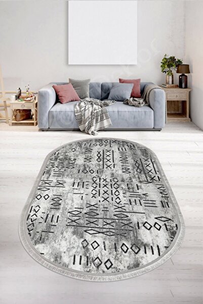 Dijidekor Halı Gri Iskandinav Yıkanabilir Saçaklı Oval Delüxe Yolluk Kilim Sa...