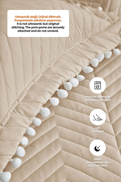 Evlen Home Collection %100 Pamuk Tek Kişilik Kapitone Ponponlu Yatak Örtüsü Seti Elyaf Dolgulu Pike Takımı Açık Cappuccino
