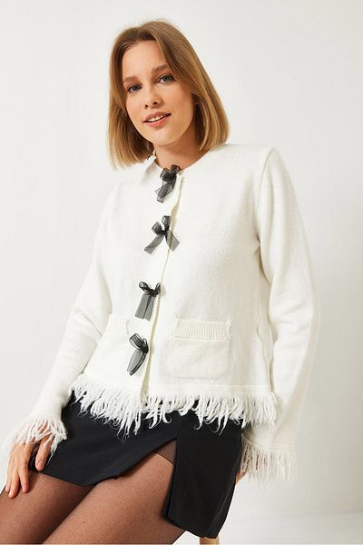 Bianco Lucci Women's Fringed Ribbon Pocket Knitwear Cardigan 241107 60261147