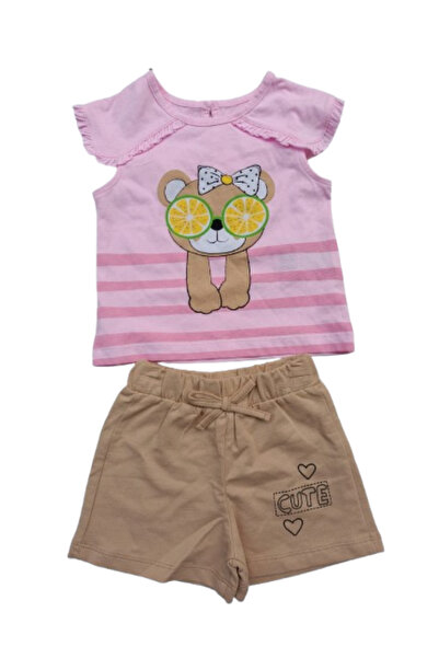 Çikoby Pink Printed Girls' Set - T-Shirt and Beige Shorts