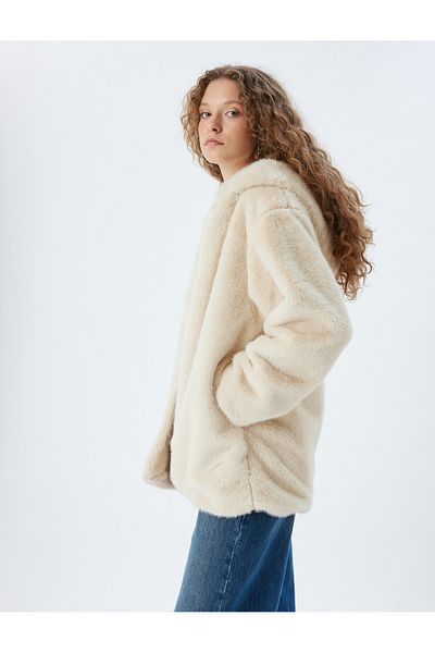 Koton Oversize Faux Fur Jacket with Hood and Button Pocket Detail