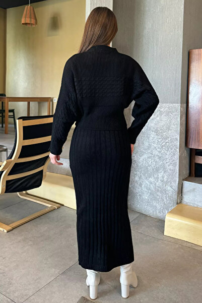 GÜLSELİ Black Women's Double Knitwear Set with Blouse Dress Combination