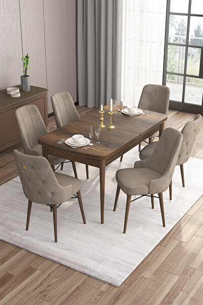Canisa Concept Are Serisi 80x132 Açılabilir Mdf Barok Ahşap Desen Masa Takımı Ve 6 Cappucino Sandalye