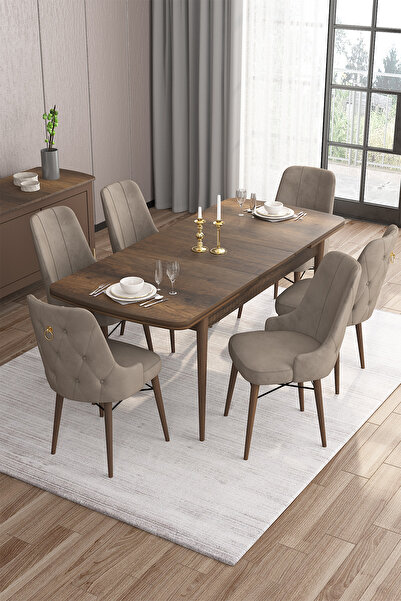 Canisa Concept Are Serisi 80x132 Açılabilir Mdf Barok Ahşap Desen Masa Takımı Ve 6 Cappucino Sandalye