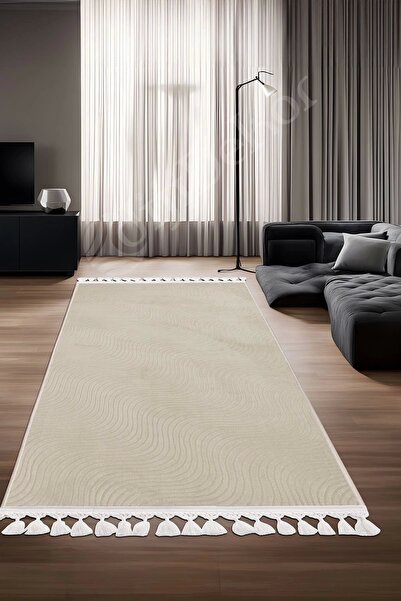 Dijidekor Halı Krem Sahra Yıkanabilir Saçaklı Kaymaz Kesme Ince Yolluk Kilim ...
