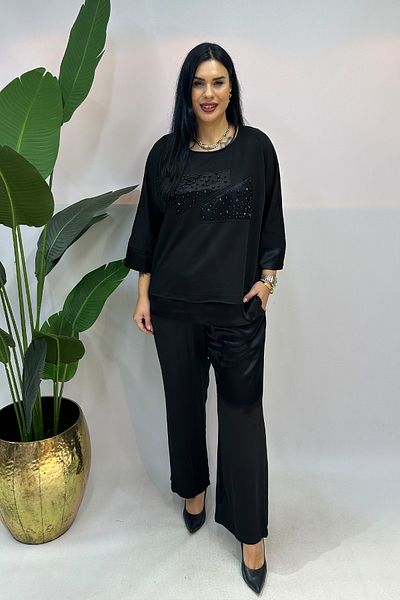 GÖKSEL Plus Size Suit with Pearl Detail - Black