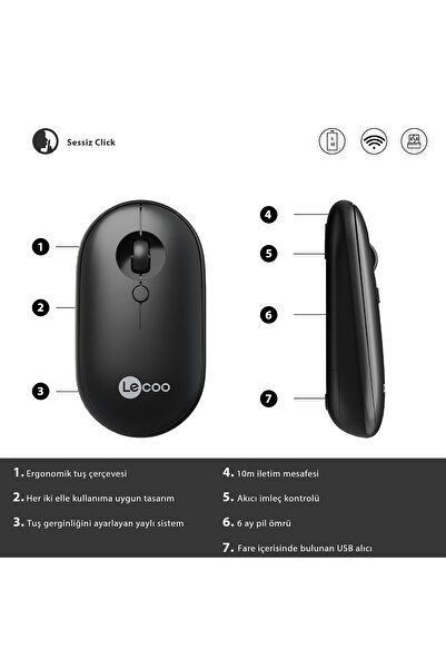 Lecoo WS212 Kablosuz 1600DPI 4 Tuşlu USB Mini Alıcı ile Optik Mouse Siyah