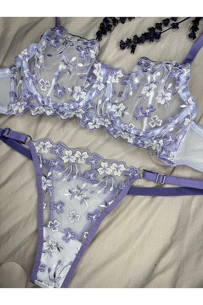 ROZENİN LINGERIE Set sutien din tul fără cupă cu sârmă, alb liliac (SUTIEN TANGA)