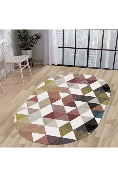 Dijidekor Halı Çok Renkli Cool K1270 Yıkanabilir Oval Kesme Ince Yolluk Kilim...