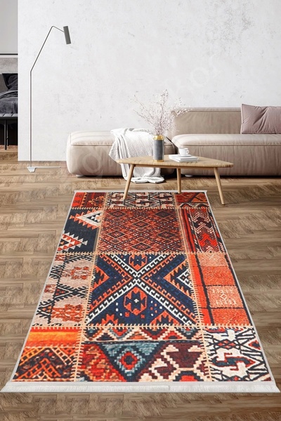 Dijidekor Halı Turuncu Cool K1300 Yıkanabilir Saçaklı Kesme Ince Yolluk Kilim...