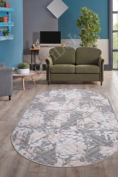 Dijidekor Halı Gri3 Cool Karo Yıkanabilir Oval Kesme Ince Yolluk Kilim Salon ...
