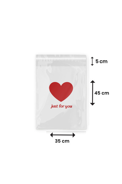 Packanya Just For You Baskılı - Kalpli Poşet - Kalpli Beyaz Cepsiz Kargo Poşeti 35x45x5 - 100 Adet