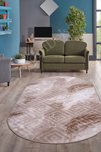 Dijidekor Halı Devetüyü Cool Karo Yıkanabilir Oval Kesme Ince Yolluk Kilim Sa...