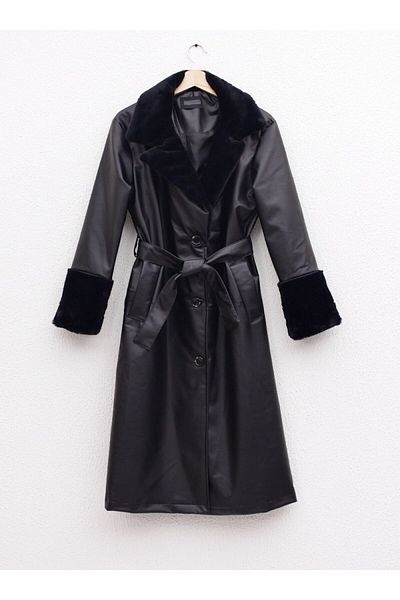 VESS MODA Furry Long Leather Women's Trench Coat