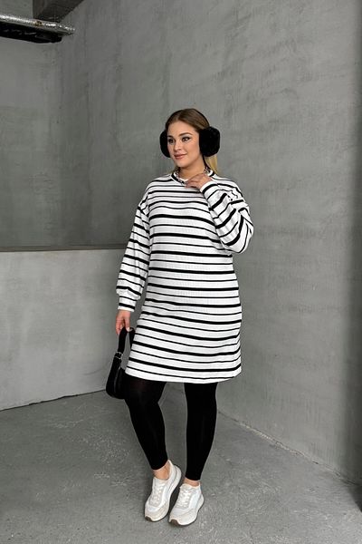 Stil Diva Plus Size Crew Neck Long Sleeve Ankle Elastic Stripe Dress 303062