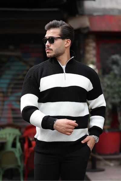 Valiberta Oversize Striped Thessaloniki Braided Half Zipper Knitwear Men's Sweater - Black