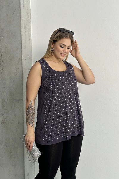 Stil Diva Plus Size Zero Sleeve Front Stone Embroidered Crew Neck Blouse 321850