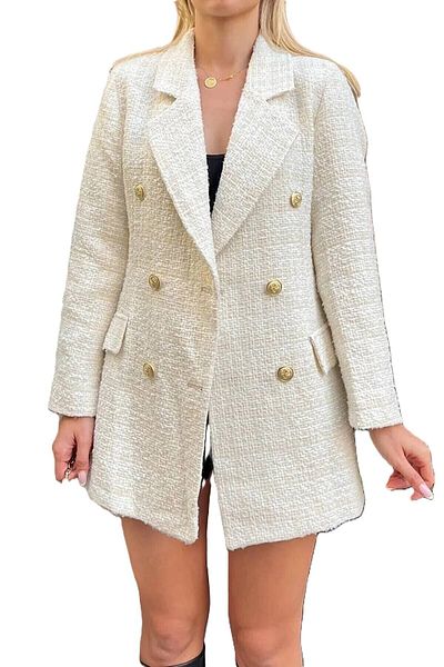 LUQ fasion New Season Ecru Double Breasted Premium Tweed Blazer Jacket