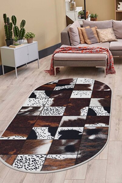 Dijidekor Dr01 Model Carpet - Brown, Washable Oval Cut, Thin Runner and Rug D...