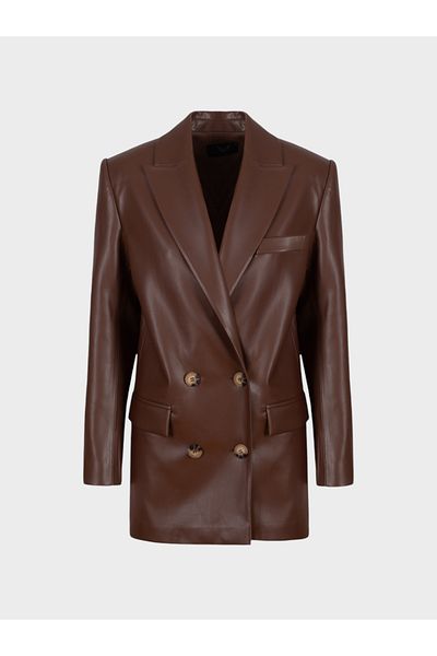 RİVUS Brown Oversize Double Breasted Leather Jacket