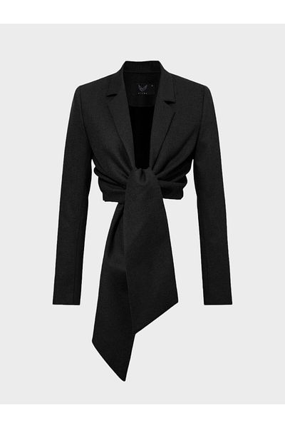 RİVUS Long Sleeve Crop Jacket with Front Tie Detail - Black