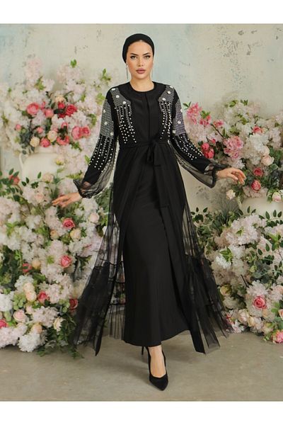 Modamorfo Σετ Abaya με Πέρλες και Πέτρες - μαύρο