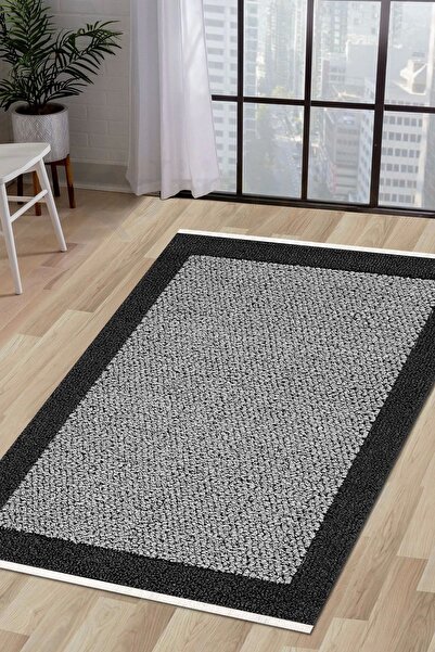 Dijidekor Halı Antrasit Cool Kr4040 Saçaklı Kaymaz Kesme Ince Yolluk Kilim Sa...