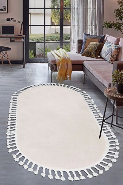 Dijidekor Peluş Halı Krem Cool Saçaklı Oval Post Kesme Yolluk Kilim Salon Hal...