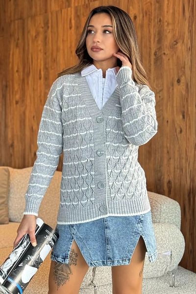 GÜLSELİ Gray Striped Knitwear Women's Cardigan - Front Buttoned