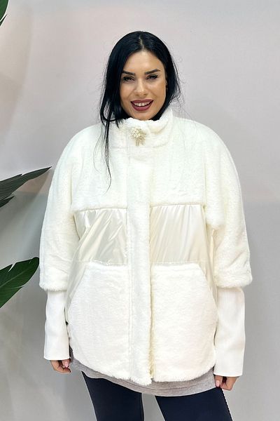 GÖKSEL Plus Size White Coat - Plush Detailed
