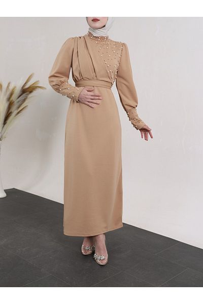 Modamorfo Φόρεμα Mink Crepe - Διπλό γιακά και λεπτομέρεια με πέρλες