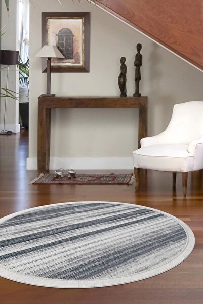 Dijidekor Halı Gri 9026 Cool Saçaklı Yuvarlak Kaymaz Kesme Ince Yolluk Kilim ...