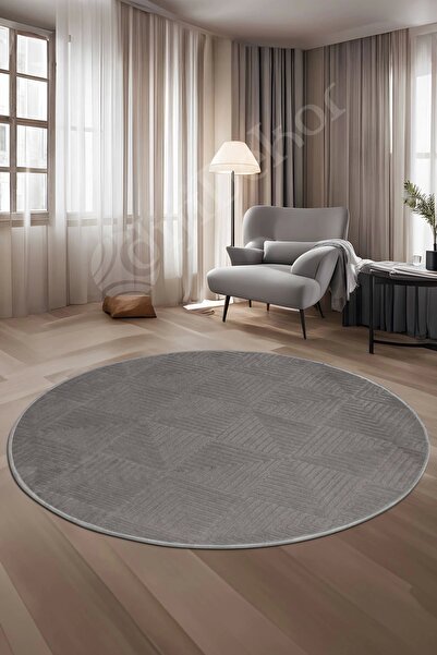 Dijidekor Halı Cool Gri Pramit Desenli Saçaksız Yuvarlak Kesme Yolluk Kilim S...