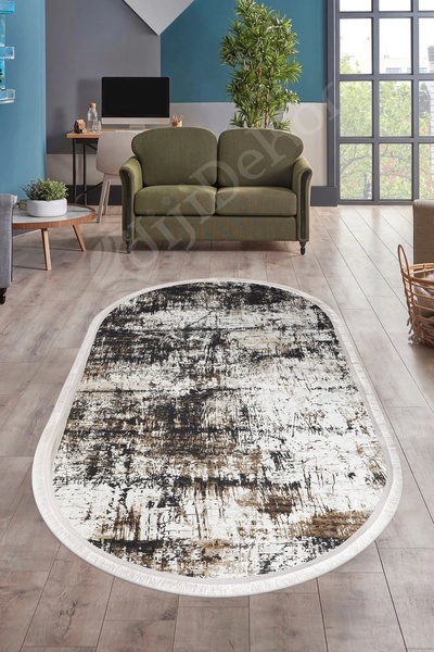 Dijidekor K1310 Black Saçaklı Dijital Oval Halı Kaymaz Yıkanabilir Oda Mutfak...