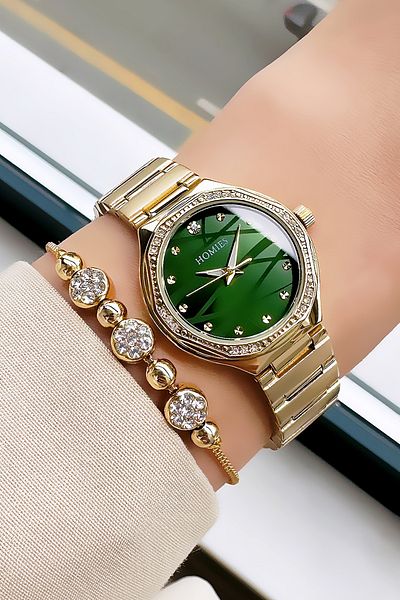 Homies Waterproof Gold Color Women's Wrist Watch - Steel Band & Bracelet Hmby2037C2