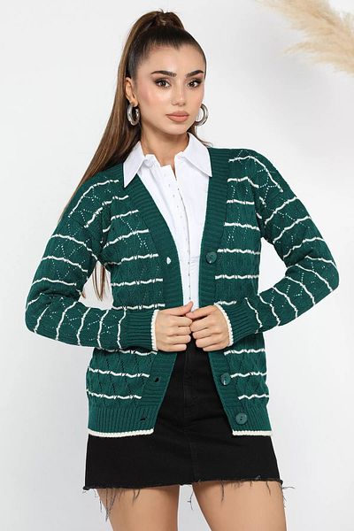 GÜLSELİ Green Striped Knitwear Women's Cardigan - Front Buttoned