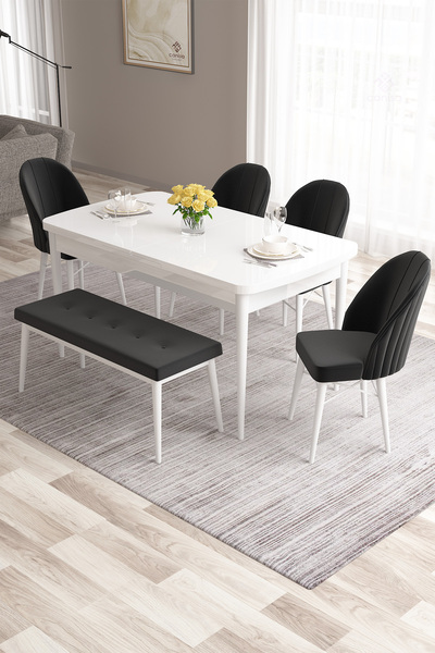 Canisa Roz Serisi 80x132 Mdf Beyaz Masa Takımı 4 Siyah Sandalye Ve 1 Bench