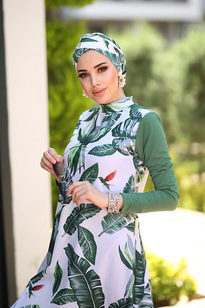 Remsa Mayo Σχεδιασμός Ολόσωμο Καλυμμένο Μαγιό Hijab Πράσινα Φύλλα