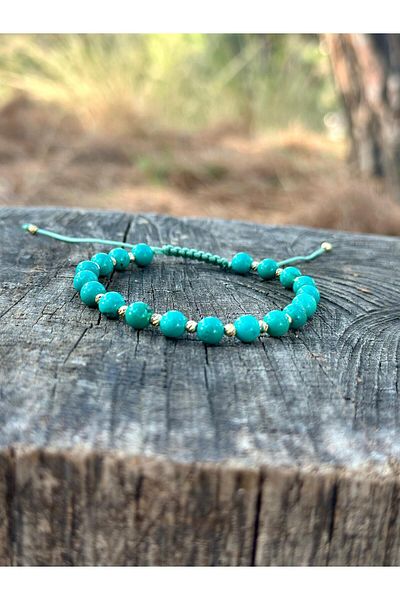 Gökçeada Certified 6 mm Turquoise (Firuze) Stone Macrame Women's Bracelet