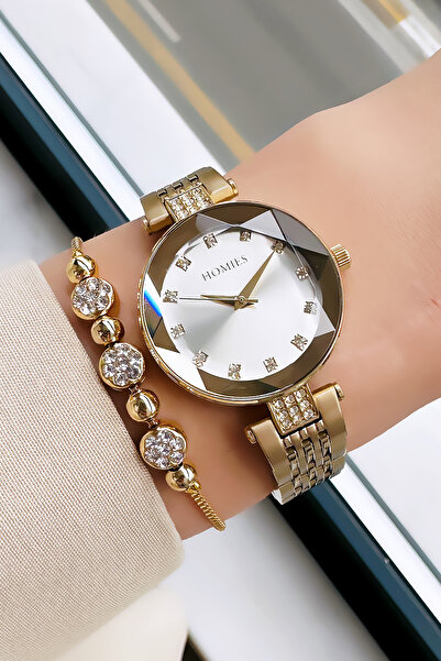 Homies Özel Kutulu Kesme Cam Kadın Kol Saati Su Geçirmez Gold Renk Çelik Kordon + Bileklik HMBY2038C1