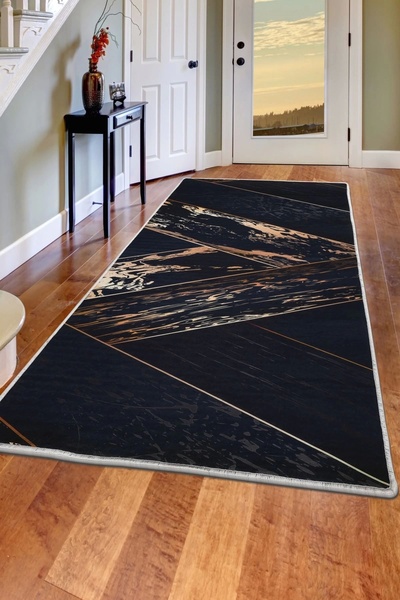 Dijidekor Black Gold Fringeless Digital Carpet Non-Slip Washable Runner