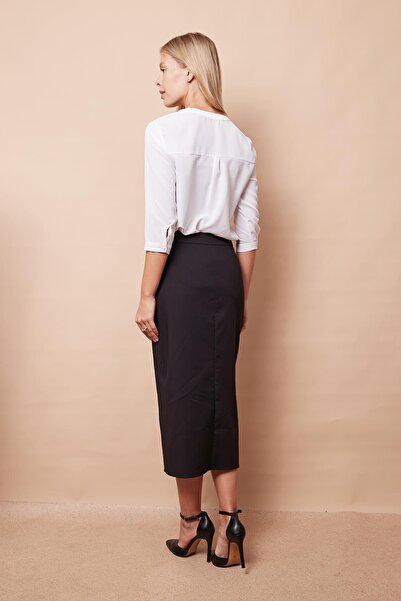 Jument Black Pencil Skirt with High Waist and Buttons - Lightweight Lycra, Thick Fabric, Tea Length Slit, Long Pocket