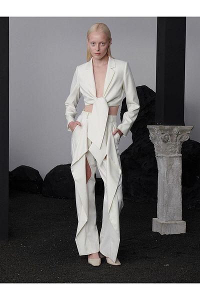 RİVUS Ecru Color Design Trousers - Front Slit Detail