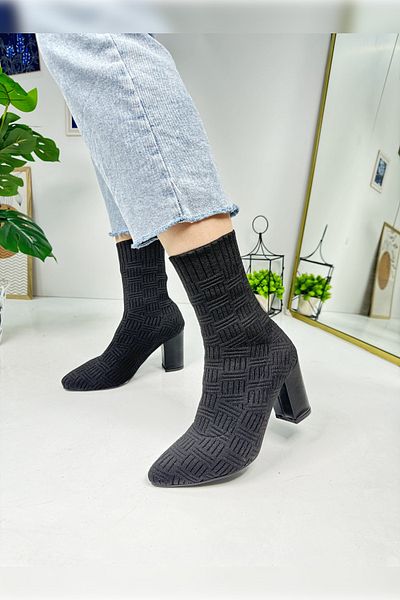 Nstil Ghete de damă din tricotaje negre - Cizme confortabile cu toc înalt, vârf ascuțit elastic și talpă zimțată 168