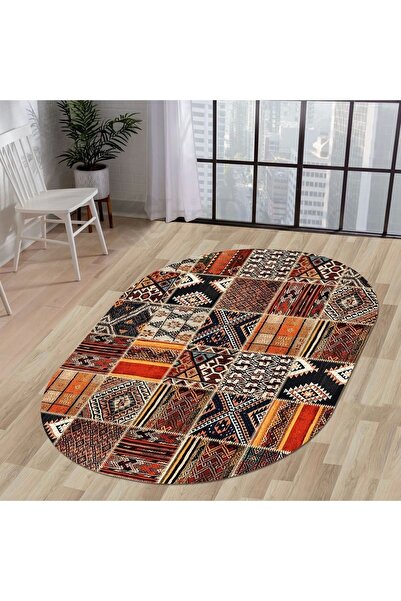 Dijidekor Halı Turuncu Cool K1300 Yıkanabilir Oval Kesme Ince Yolluk Kilim Sa...