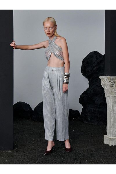 RİVUS Front Double Pleated Loose Cut Glitter Trousers - Gray