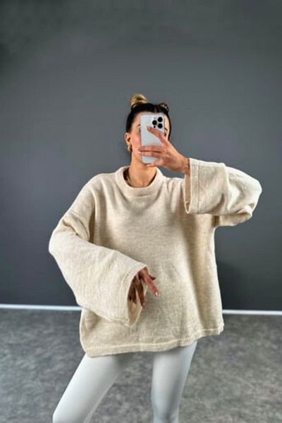 FMN Moda pulover moale de lungime medie pentru femei, supradimensionat, cu mâneci evazate, tricot cu mâneci evazate