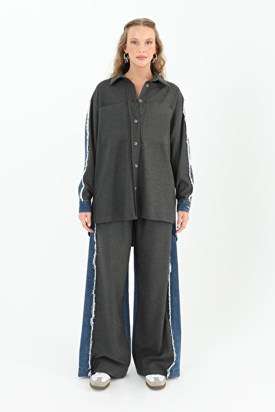 Soul Kadın Kolu Kot Detaylı Geniş Cepli Gömlek  - 31981GML - ANTRACITE