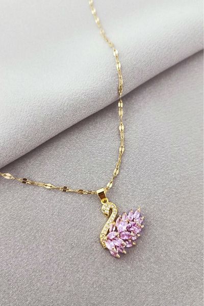 The Collection Tarnish Women's Gold Purple Stone Swan Steel Necklace