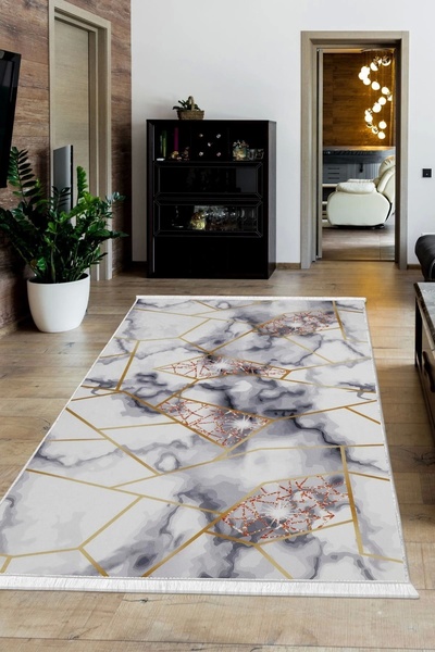 Dijidekor Halı Gold Kristal Yıkanabilir Saçaklı Kare Kesme Ince Yolluk Kilim ...